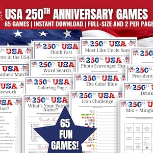 May include: A collection of 65 USA 250th Anniversary Games, including trivia, word searches, and bingo. The design features red, white, and blue colors with patriotic themes. The text includes "Instant Download" and "Full-Size and 2 Per Page".