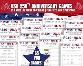 Pacchetto di giochi per il 250° anniversario degli Stati Uniti: 65 giochi patriottici per la festa del 4 luglio (PDF stampabile)