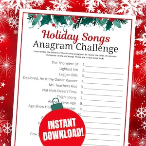 Christmas Carol Anagram Challenge Game for Adults & Teens, Christmas Music Game, Challenging Christmas Songs Game, Fun Christmas Party Game