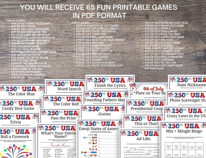 USA 250th Anniversary Games Bundle: 65 Patriotic 4th of July Party ...