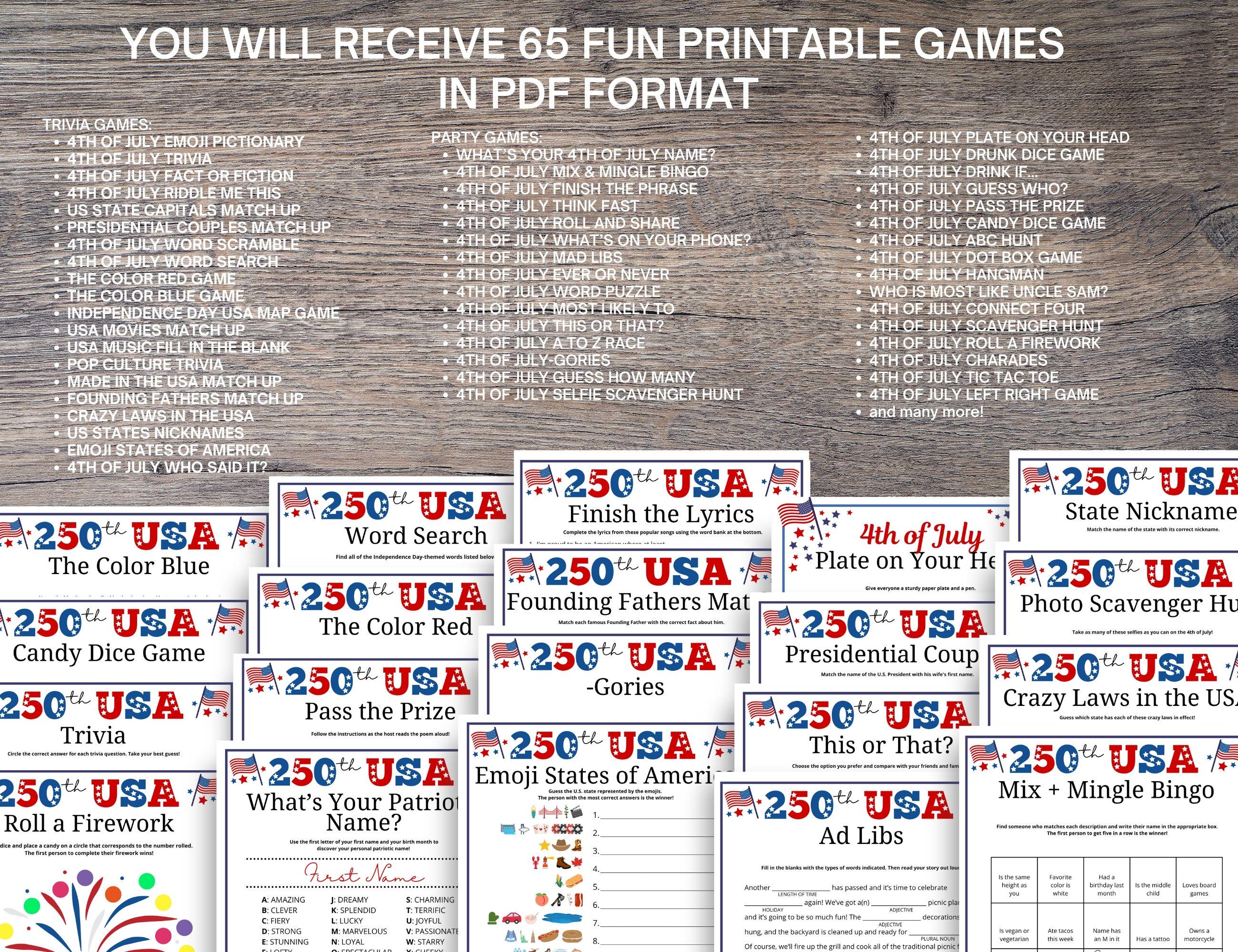 USA 250th Anniversary Games Bundle: 65 Patriotic 4th of July Party ...