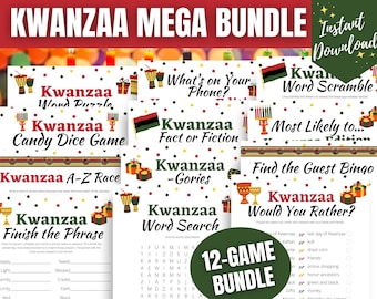 May include: A digital download bundle of 12 printable Kwanzaa games. The games include a word puzzle, candy dice game, A-Z race, finish the phrase, fact or fiction, word search, word scramble, most likely to, find the guest bingo, and would you rather. The games are decorated with red, black, and green colors, and feature Kwanzaa symbols like the Kinara and the seven principles.