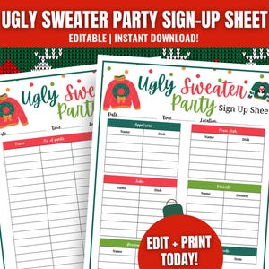 Ugly Sweater Party Potluck Sign-Up Sheet (digitaler Download, bearbeitbare Vorlage)