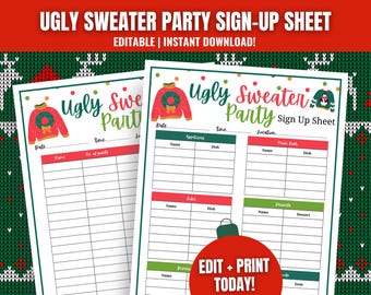 Ugly Sweater Party Potluck Sign-Up Sheet (Digital Download, Editable Template)