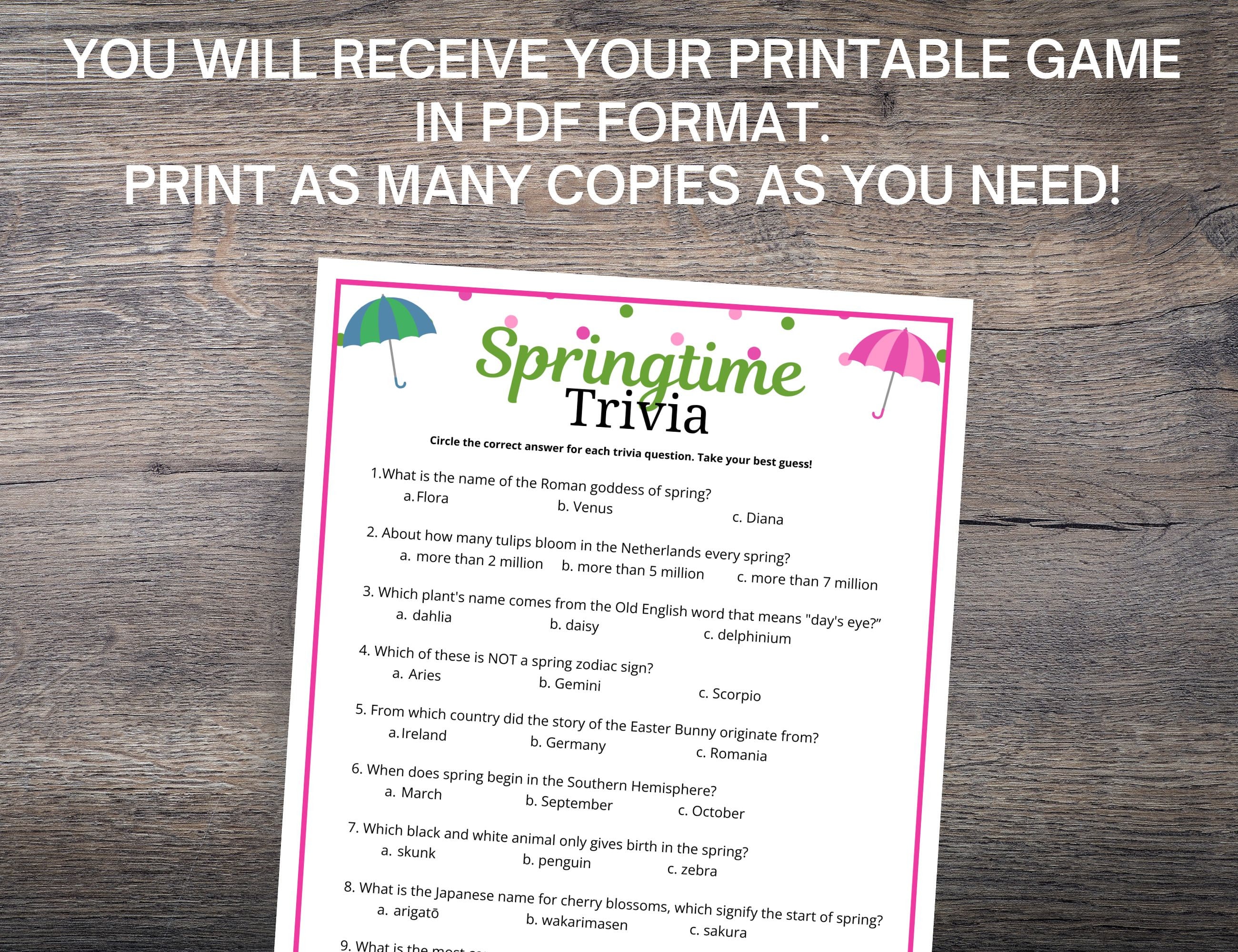 Spring Trivia Pdf Spring Trivia Game: Fun Printable Quiz (PDF Download) - Etsy