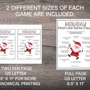 May include: Holiday-themed game sheets with the text "Most Like Santa Claus?" are displayed. The image shows two smaller sheets and one full-page sheet. The sheets feature a Santa Claus graphic and questions. The text "Two per page US Letter 8.5" x 11" for more economical printing" is also visible.