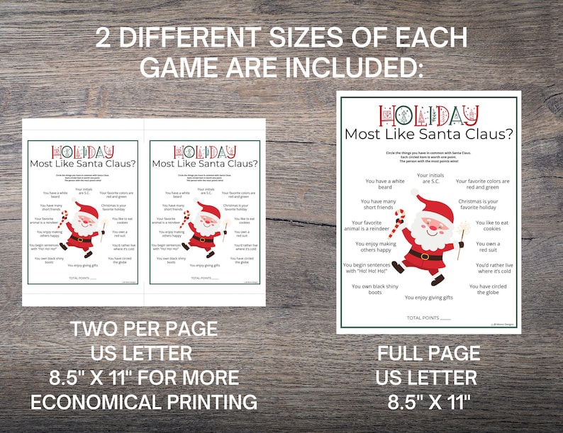May include: Holiday-themed game sheets with the text "Most Like Santa Claus?" are displayed. The image shows two smaller sheets and one full-page sheet. The sheets feature a Santa Claus graphic and questions. The text "Two per page US Letter 8.5" x 11" for more economical printing" is also visible.