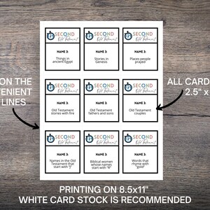 May include: A sheet of printed cards with the text "SECOND Old Testament" and various prompts. The cards are 2.5" x 3" and include prompts like "Things in ancient Egypt" and "Stories in Genesis". The text "PRINTING ON 8.5x11" WHITE CARD STOCK IS RECOMMENDED" is also visible.