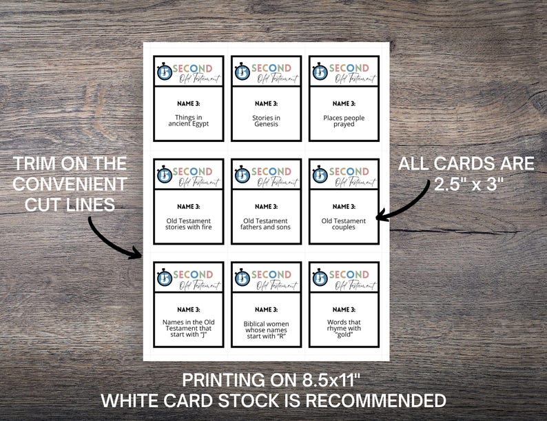 May include: A sheet of printed cards with the text "SECOND Old Testament" and various prompts. The cards are 2.5" x 3" and include prompts like "Things in ancient Egypt" and "Stories in Genesis". The text "PRINTING ON 8.5x11" WHITE CARD STOCK IS RECOMMENDED" is also visible.