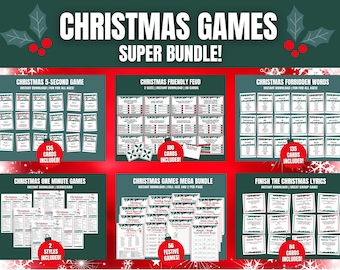 May include: A Christmas Games Super Bundle graphic with six different game options. Each game is displayed with its title and a description of the contents, including the number of cards or styles included. The games are set against a red and green background.