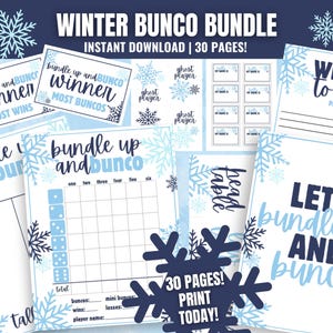 Winterbunco MEGA-bundel, afdrukbare winterbunco, sneeuwvlokbunco-kaarten, bunco-scorecards, aantekenvellen, tafelnummers, bundel omhoog en bundel