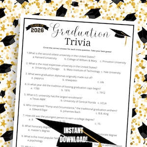 A printable graduation trivia game with a gold and black confetti background. The game has ten trivia questions about graduation traditions, history, and facts. The text on the page reads: 'Class of 2026 Graduation Trivia', 'Circle the correct answer for each trivia question. Take your best guess!' and 'INSTANT DOWNLOAD!'