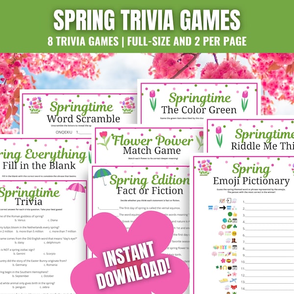 Spring TRIVIA Games 8-Game BUNDLE, Spring Games for Adults, Seniors, Fun Spring Theme Party Ideas, Challenging Spring Games, Spring Quiz