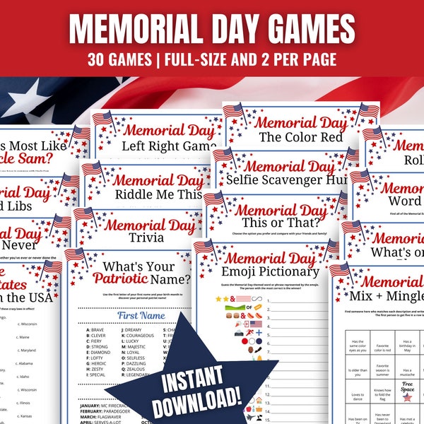 Memorial Day 30-Game BUNDLE, Memorial Day Party Games for Kids & Adults, Memorial Day BBQ, Memorial Day Activities, Picnic, Classroom Games