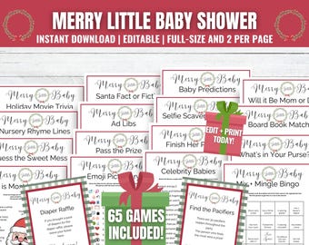 May include: A selection of printable baby shower games with a festive holiday theme. The design uses a red and green colour scheme with the text "Merry Little Baby Shower." The games include trivia, predictions, and other activities.