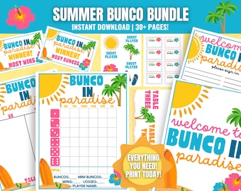 Puede incluir: Un paquete digital Summer Bunco Bundle con más de 30 páginas imprimibles de temática tropical. Los diseños incluyen soles amarillos brillantes, palmeras verdes, flores de hibisco rosas y tablas de surf. El texto incluye Bunco in Paradise.