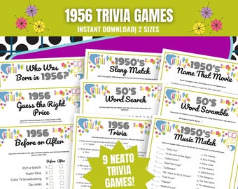 1956 Trivia Games Bundle: 70th Birthday Party Activities (Instant Download)