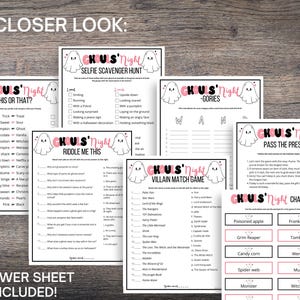 May include: A set of printable Halloween party games featuring a ghost theme. The games include "This or That", "Riddle Me This", "Selfie Scavenger Hunt", "Villain Match Game", "Pass the Present", and "Charades".