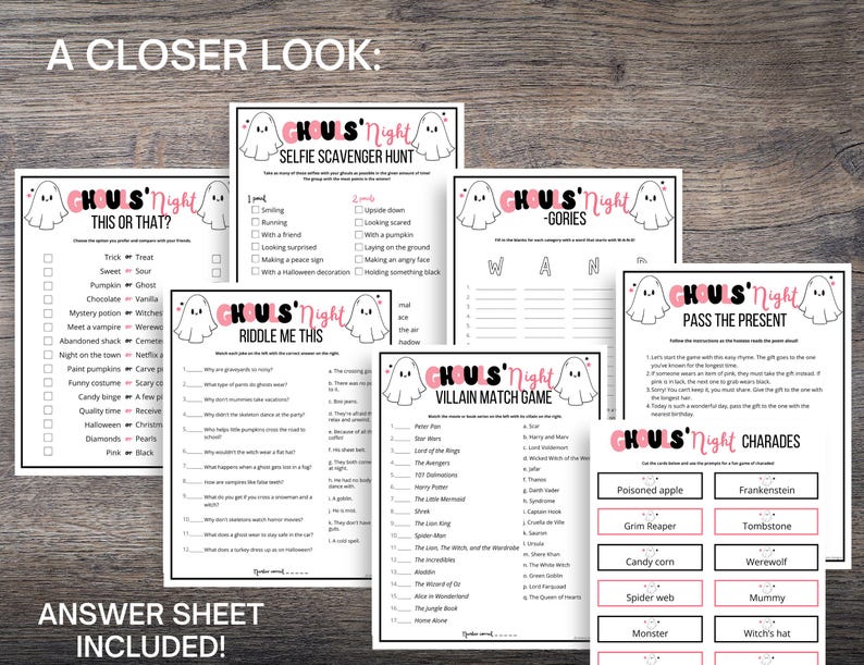 May include: A set of printable Halloween party games featuring a ghost theme. The games include "This or That", "Riddle Me This", "Selfie Scavenger Hunt", "Villain Match Game", "Pass the Present", and "Charades".