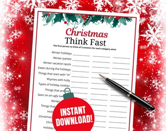Pode incluir: Um jogo de tabuleiro imprimível "Christmas Think Fast" com fundo vermelho e flocos de neve. O jogo tem uma lista de categorias como férias de inverno, festas de inverno e coisas que começam com "H".
