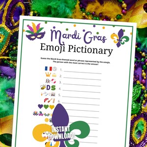 May include: A printable Mardi Gras Emoji Pictionary game with instructions to guess the Mardi Gras themed word or phrase represented by the emojis. The person with the most correct answers wins.