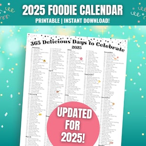 365 Food Days to Celebrate in 2025, National Food Days Printable Calendar, Foodie Calendar 2025, Social Media Planner, National Holidays