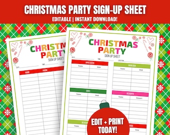 May include: Printable Christmas party sign-up sheet with a festive candy cane and lollipop design. The sheet includes sections for appetizers, main dish, sides, desserts, and drinks. The text "Edit + Print Today!" is included at the bottom.