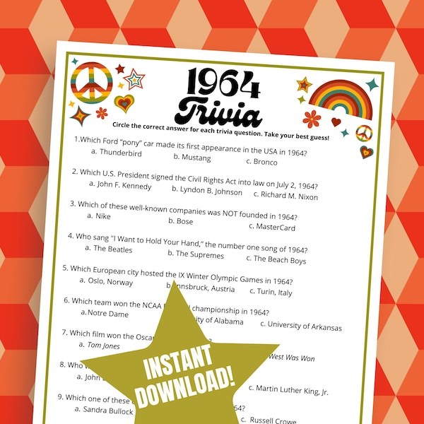 1964 Trivia Game, Fun 1964 Quiz Questions & Answers, 1964 Printable Game for 60th Birthday Party, 60th Anniversary, 60s Trivia Game