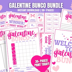 Puede incluir: Un paquete de juegos de Bunco para el Día de la Galentine imprimible con acentos rosas y morados. El paquete incluye tarjetas de puntuación, letreros de bienvenida y una tarjeta de jugador fantasma. El texto de la imagen dice "Galentine Bunco Bundle", "Descarga instantánea | Más de 30 páginas!" y "Bienvenido a Galentine Bunco".
