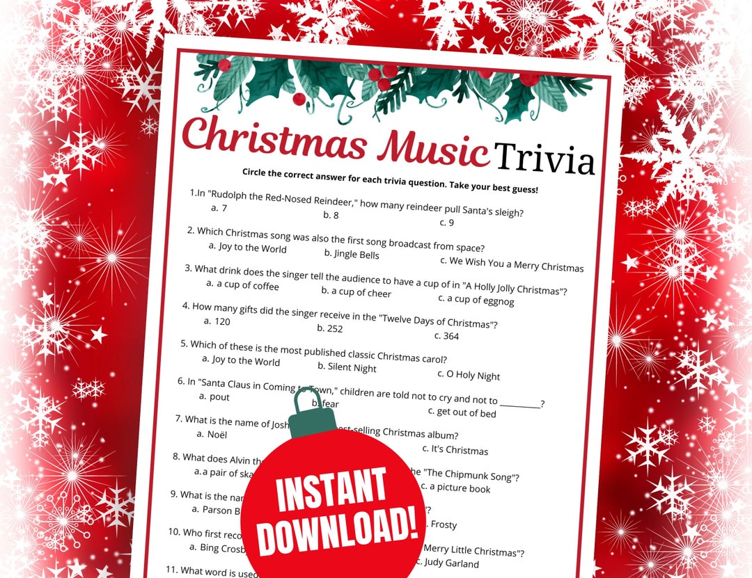 Christmas Music Trivia Game, Printable Christmas Songs Trivia, Fun