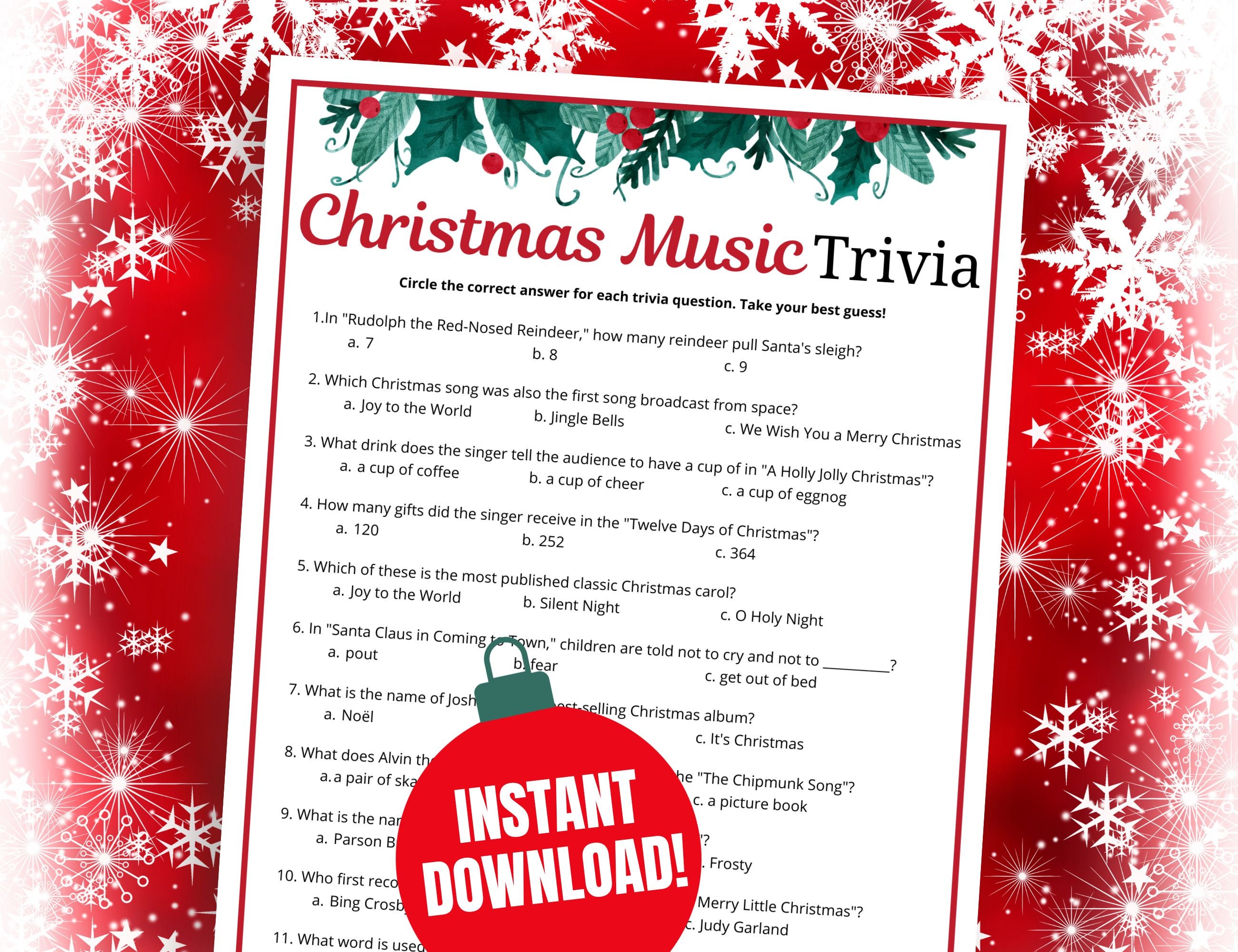Christmas Music Trivia Game Printable Christmas Songs Trivia Fun Christmas Carol Trivia Family Christmas Party Teen Christmas Party Etsy