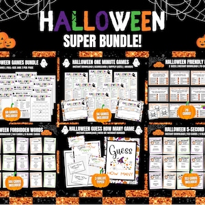 May include: A Halloween party game bundle with 60 games, 56 games, 70 cards, 144 cards, 153 cards, and 3 ballot types. The games include "Halloween Games Bundle", "Halloween One Minute Games", "Halloween Friendly Feud", "Halloween Forbidden Words", "Halloween Guess How Many Game", and "Halloween 5-Second Game".