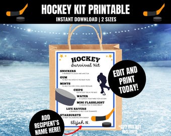 Editable Hockey Survival Kit Printable, Goodie Bag Tag (Digital Download)