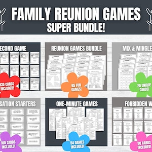 May include: A digital collection of printable family reunion games featuring six distinct categories: 5-Second Game, Reunion Games Bundle, Mix & Mingle Bingo, Conversation Starters, One-Minute Games, and Forbidden Words, with colorful flower-shaped labels.