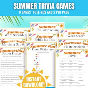 Sommer-Trivia-Spiele-Bundle, lustige Sommerspiele für Erwachsene, Jugendliche und Senioren, Sommeraktivitäten, druckbare Sommerspiele, Sommerspiele-Bundle