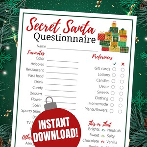Secret Santa Fragebogen, Office Secret Santa Form, Secret Santa Geschenkliste Ideen, Urlaub Bürogeschenkbörse, Secret Santa Vorlage