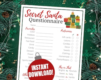Op de afbeelding: Een printbare Secret Santa-vragenlijst met een feestelijk kerstthema. De vragenlijst vraagt naar favoriete kleuren, hobby's, restaurants, fastfood, drankjes, snoep, desserts, bloemen, geuren, sportteams, boeken, tv-programma's en allergieën. Het vraagt ook naar voorkeuren voor cadeaubonnen, lotions, kaarsen, decoratie, snoepgoed, kleding, zelfgemaakte cadeaus en planten/bloemen. De vragenlijst bevat een "Dit of Dat"-sectie met opties voor heldere of neutrale kleuren, zoet of zout, chocolade of vanille.
