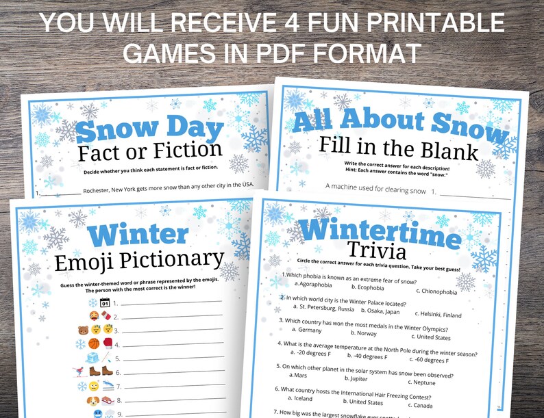 May include: Four printable winter-themed games in PDF format. The games include "Snow Day Fact or Fiction", "Winter Emoji Pictionary", "All About Snow Fill in the Blank", and "Wintertime Trivia".