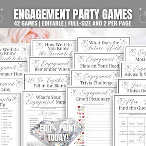 以下が含まれることがあります： 白地に黒文字で書かれた、印刷可能な婚約パーティーゲームのセット。ゲームには、「How Well Do You Know the Bride-to-Be?」、「Engagement Selfie Scavenger Hunt」、「Engagement Mad Libs」、「How Well Do You Know the Groom-to-Be?」、「Engagement Remember When」、「We Go Together Fill in the Blank」、「What's Your Engagement Name」、「What Does the Future Hold?」、「Engagement Plate on Your Head」、「Engagement Trivia Challenge」、「Engagement Most Likely to...」、「Engagement Advice & Well-Wishes」、「Love Songs Finish the Lyrics」、「Engagement Emoji Pictionary」、「Mix & Mingle Find the Guest Bingo」が含まれています。