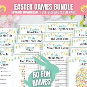 May include: A collection of 60 printable Easter games for kids. The games include themes like 'Candy Match', 'Fact or Fiction', 'Movie Match', 'I Spy', and 'Easter Egg Exchange Game'.