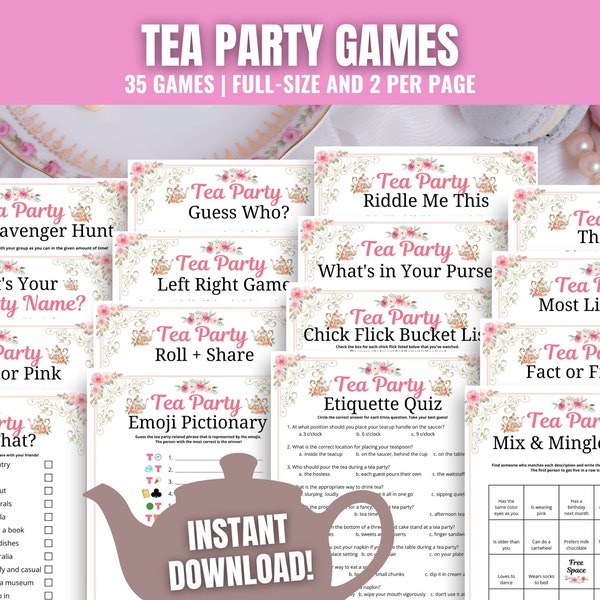 Paquete MEGA de juegos de fiesta de té, 35 juegos imprimibles de fiesta de té, ideas de juegos de fiesta de té, actividades de fiesta de té adultos, adolescentes, niños, trivia de fiesta de té