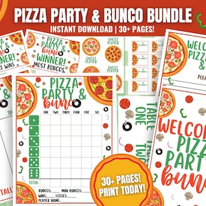 May include: A collection of printable pizza-themed party and Bunco game materials. The bundle includes score sheets, welcome signs, and winner cards. The designs feature pizza illustrations, dice, and the text "Pizza Party & Bunco Bundle".
