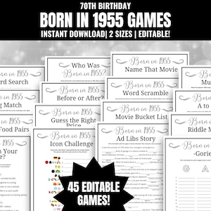 70er Geburtstag Party Spiele MEGA BUNDLE, Geboren in 1955 Spiele, 70er Geburtstag Spiele, 1955 Printables, 70er Geburtstag Trivia Spiele, 1955 Trivia