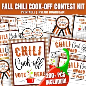 May include: A collection of printable materials for a Fall Chili Cook-Off Contest Kit. Includes scorecards, trivia sheets, award certificates, and vote tokens. The design features a red chili pepper graphic and text in orange and black.