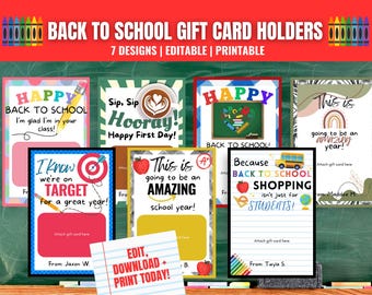 May include: Seven printable back to school gift card holders with different designs. The designs include a target, a school bus, a rainbow, a coffee cup, a chalkboard, and a red apple. The text on the cards includes "Happy Back to School", "Sip, Sip Hooray!", "This is going to be an amazing school year!", "I know we're on target for a great year!", "Because Back to School Shopping isn't just for students!" and "This is going to be an amazing year!"