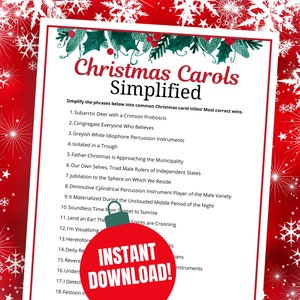 Christmas Carols Printable Game for Adults, Challenging Christmas Game, Christmas Music Trivia Game, Hard Christmas Song Game, PRINT AT HOME