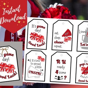 Cheerleading Treat Tags: Cheer Squad Goodie Bag Decorations Red (PDF)