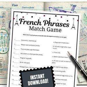 Paris Party Game: French Phrases Matching Quiz  (PDF Download)