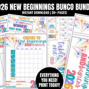 Puede incluir: Un conjunto de hojas de juego de Bunco imprimibles con fuegos artificiales coloridos y el texto "2026 New Beginnings Bunco Bundle". Incluye hojas de puntuación, tarjetas de ganador y letreros de mesa. El paquete es una descarga instantánea de más de 30 páginas.