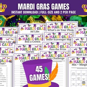 May include: A set of 45 printable Mardi Gras party games. The games include trivia, scavenger hunts, bingo, and more. The games are designed to be played with friends and family.